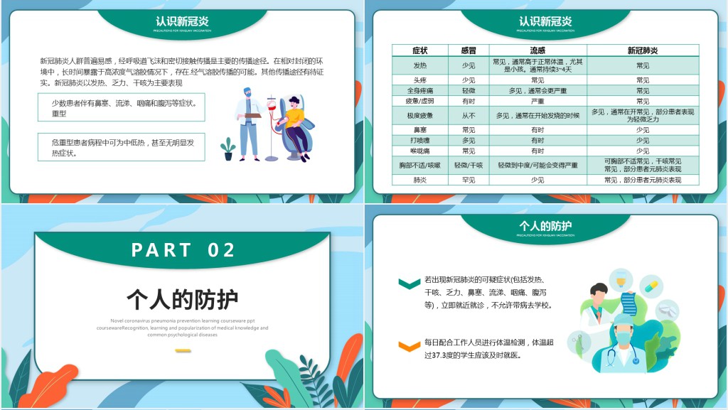 卡通插画风开学防疫重若泰山主题班会PPT课件