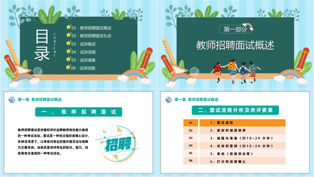 教师招聘面试之试讲PPT卡通风教师招聘考试面试讲义培训介绍课件模板