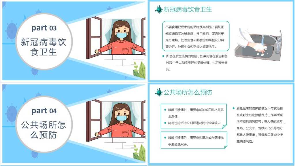 居卡通插画风新型冠状病毒居家防护主题班会PPT课件