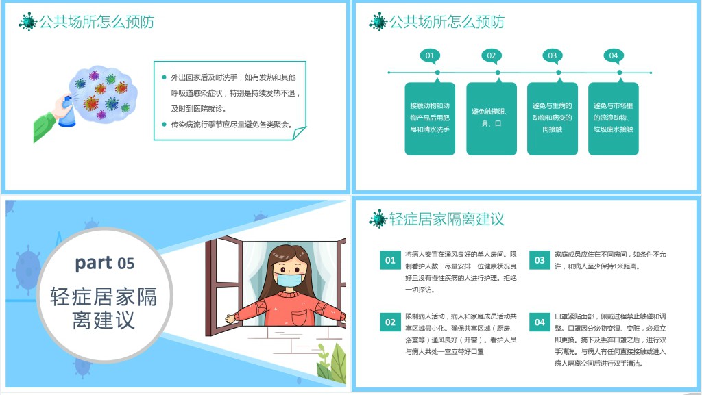 居卡通插画风新型冠状病毒居家防护主题班会PPT课件