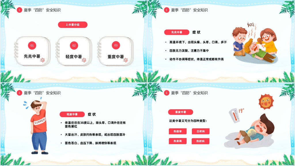 卡通风夏季中小学生四防知识培训小常识主题班会PPT课件
