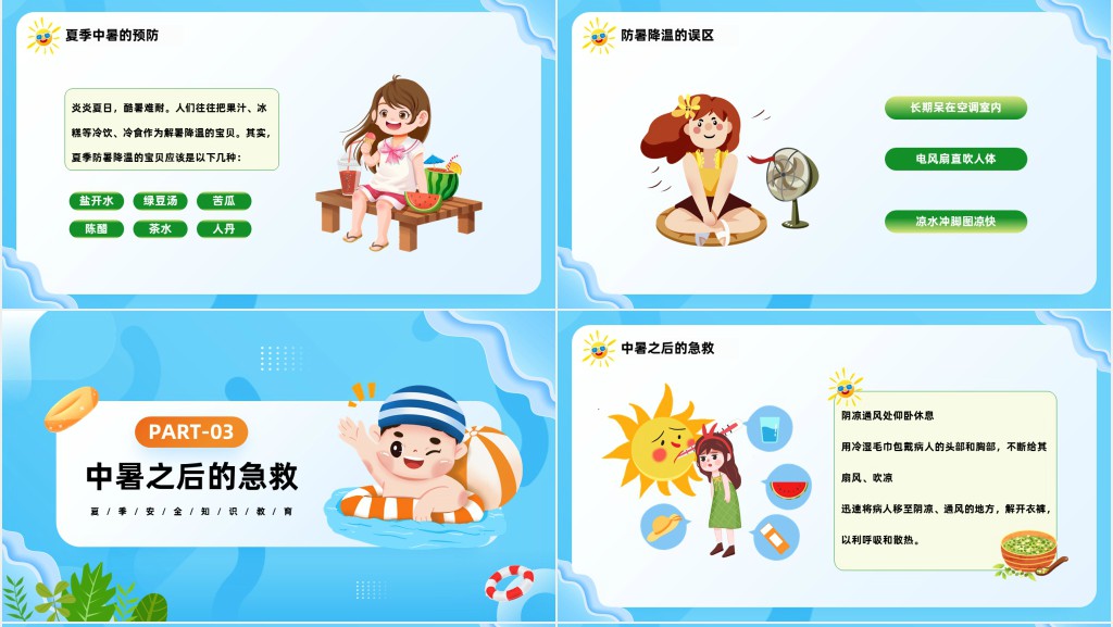 卡通风夏季防暑降温安全知识宣讲主题班会PPT课件