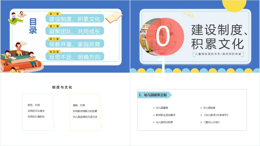 幼儿园院长述职PPT蓝色简约风幼儿园园长述职工作汇报工作总结课件模板