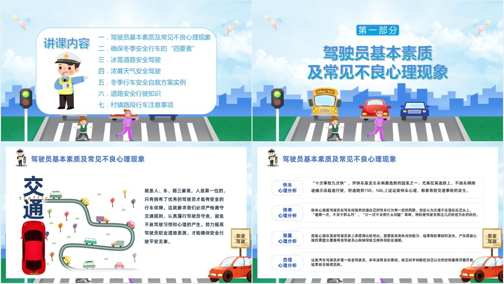 卡通风冬季道路行车交通安全知识PPT课件