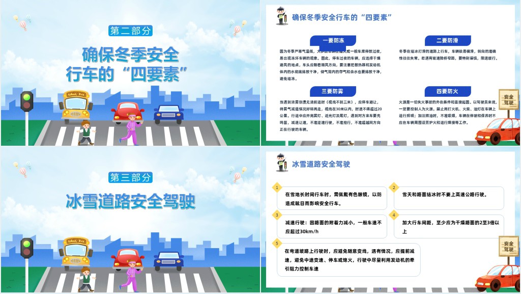 卡通风冬季道路行车交通安全知识PPT课件