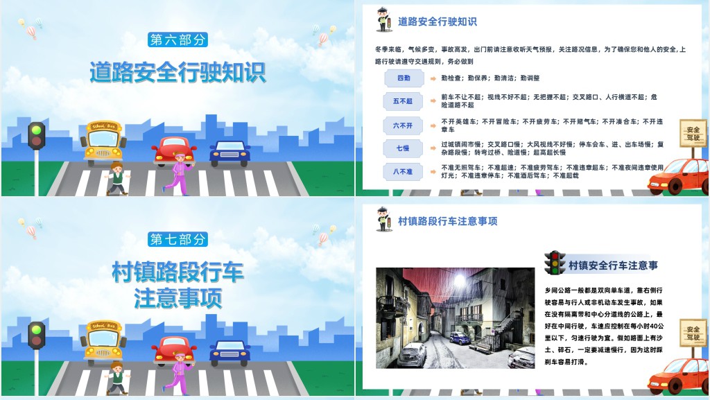 卡通风冬季道路行车交通安全知识PPT课件