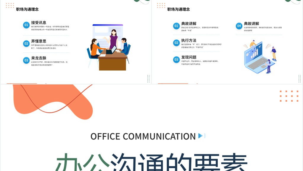 办公沟通的要素PPT蓝色插画风企业办公有效沟通培训课件模板