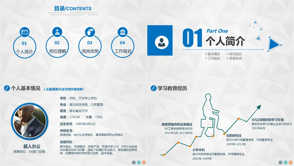 年求职竞聘岗位竞选晋升述职个人简历框架完整蓝色PPT模板