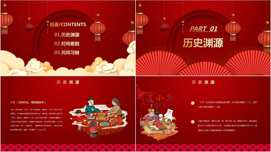 红色喜庆插画小年快乐南北方小年文化差异PPT