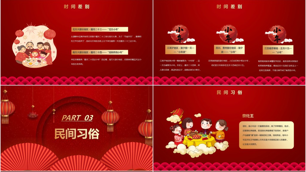 红色喜庆插画小年快乐南北方小年文化差异PPT