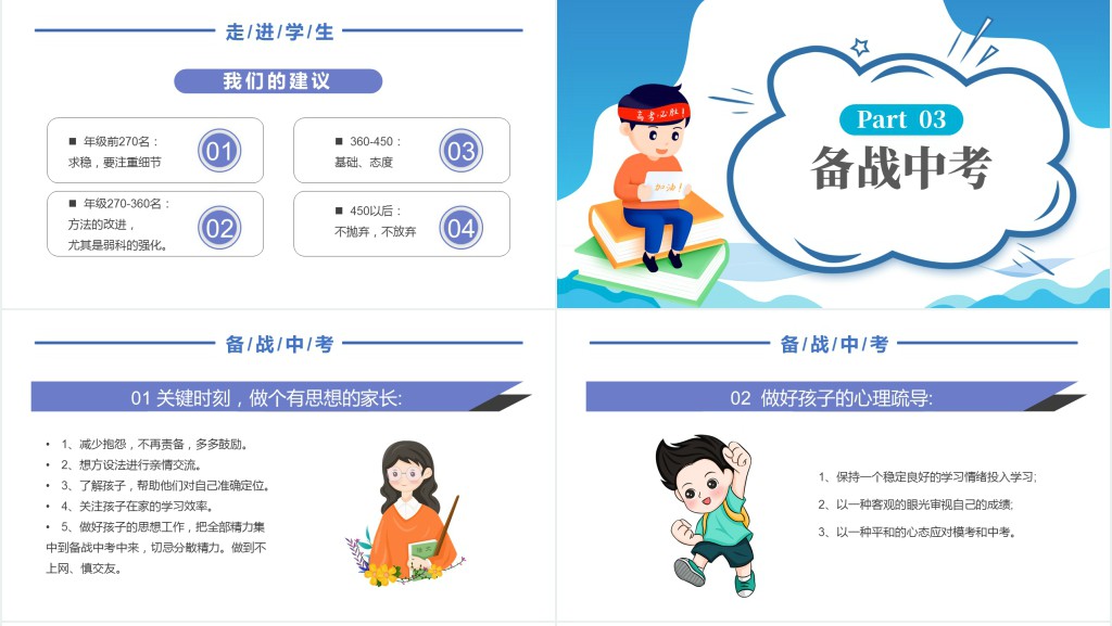 精品卡通风中学生备战中考主题班会家长会PPT课件