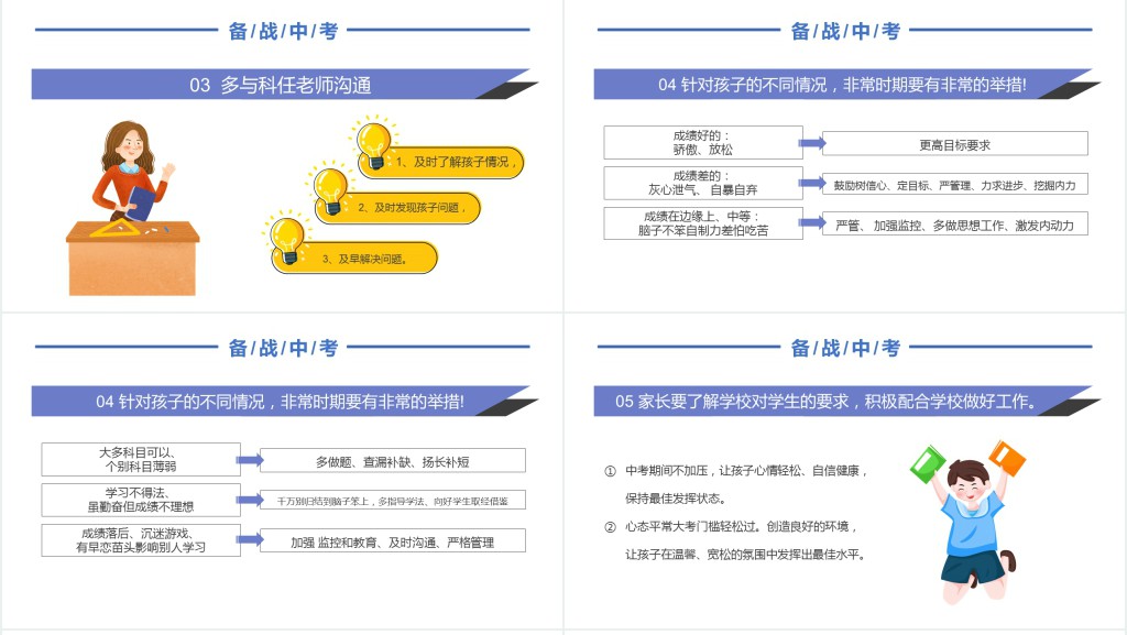 精品卡通风中学生备战中考主题班会家长会PPT课件