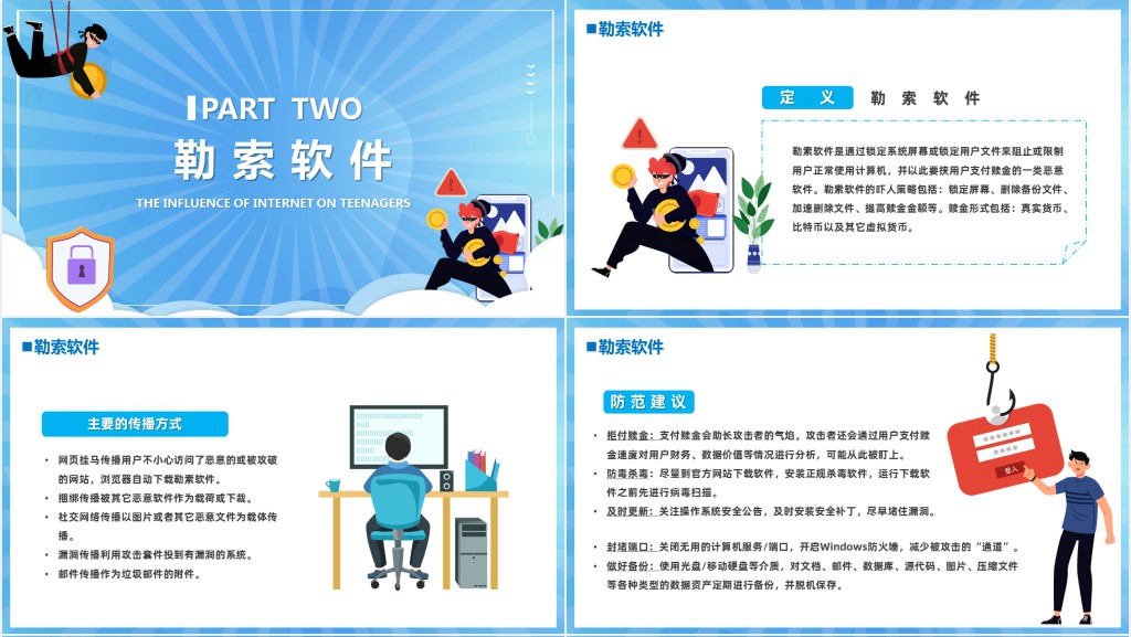 卡通风中小学生如何应对常见网络安全风险知识教育主题班会PPT课件