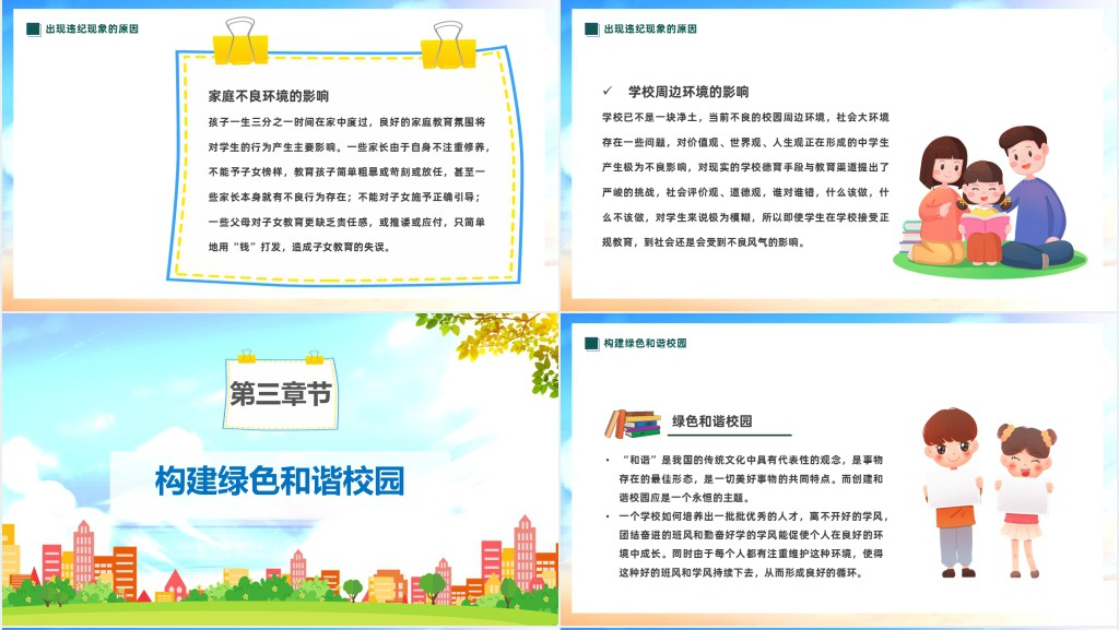 卡通风中小学生整顿校风校纪创建和谐校园主题班会PPT课件