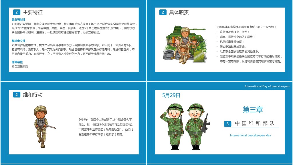 蓝色卡通风国际维和人员日主题介绍PPT