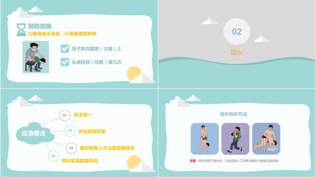 绿色清新卡通风小学生急救知识PPT模板
