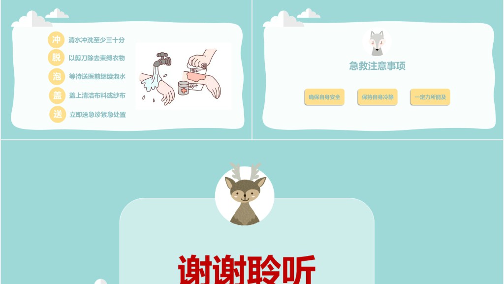 绿色清新卡通风小学生急救知识PPT模板