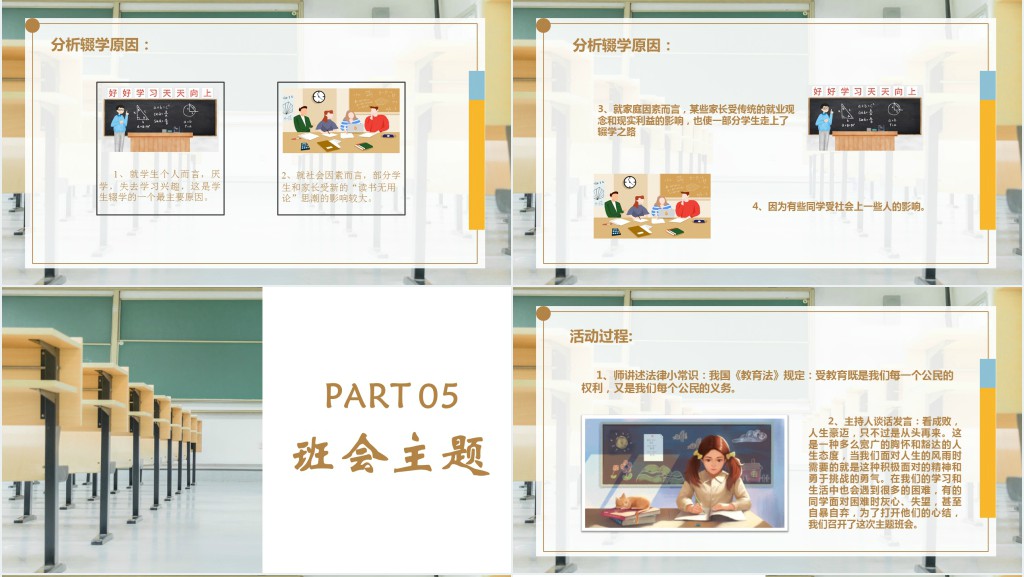 教室简约风小学中学控辍保学防辍学主题班会PPT模版