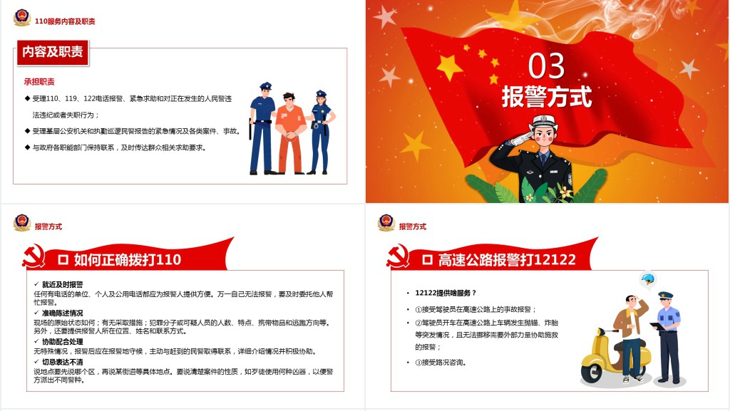 红色简洁110的由来服务内容及职责报警方式报警技巧主题PPT课件