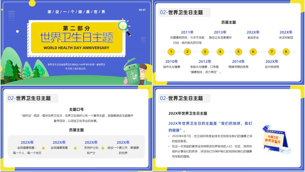 蓝色卡通风世界卫生纪念日知识介绍PPT模板