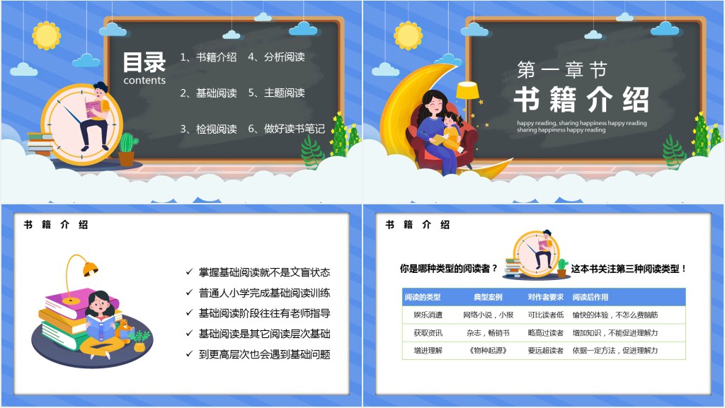 蓝色卡通让阅读成为一种习惯PPT模板