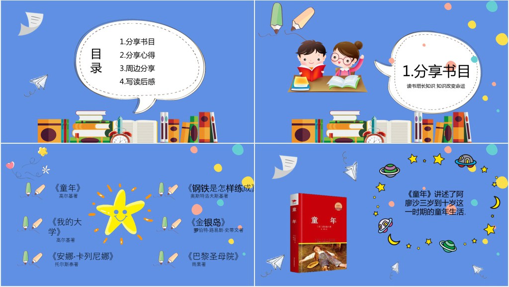 蓝色卡通小学生读书分享会PPT模板