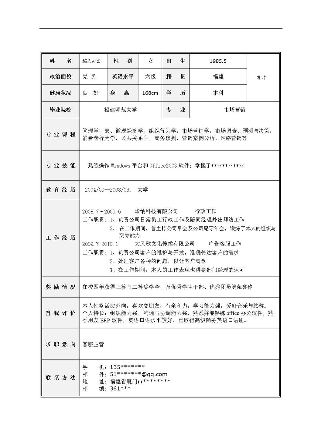 市场营销类简历Word模板截图