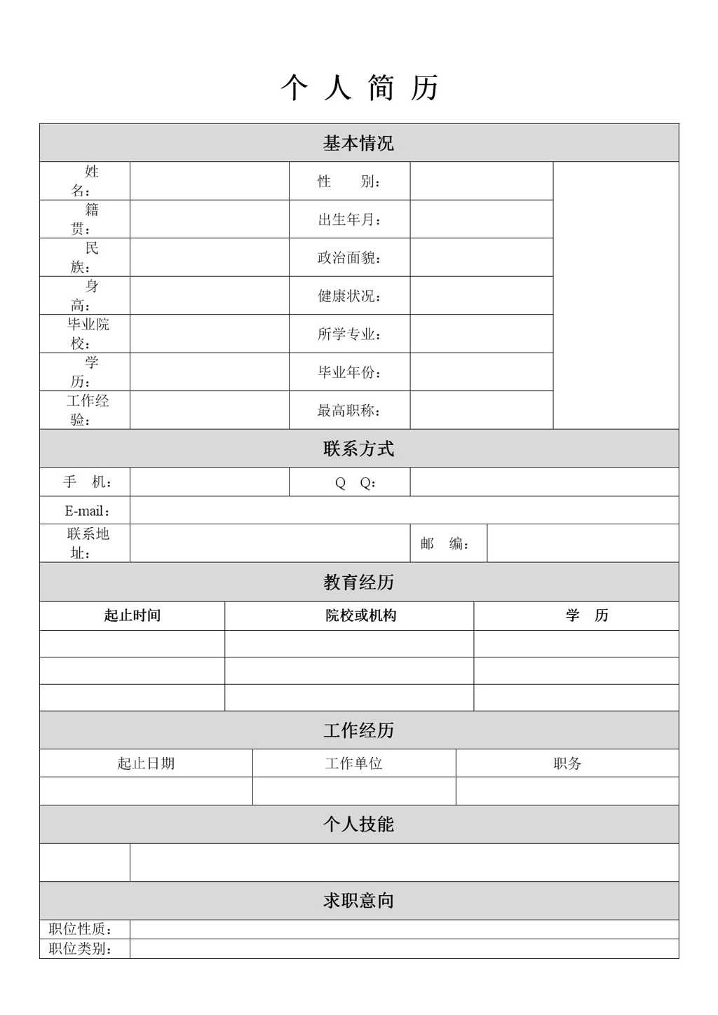 空白个人求职简历表格Word模板截图